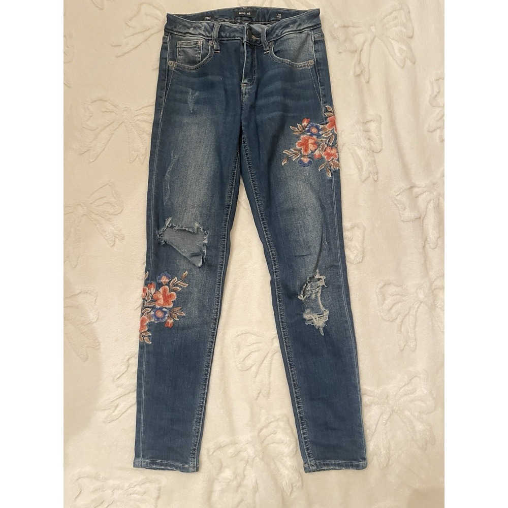 Miss Me Jeans Women 25 Ankle Skinny Medium Wash Stretch Embroidered Flowers
